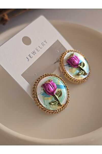 DEMİR ACCESORİES Kadın Mineli Vintage Gold Desenli Tasarım Küpe