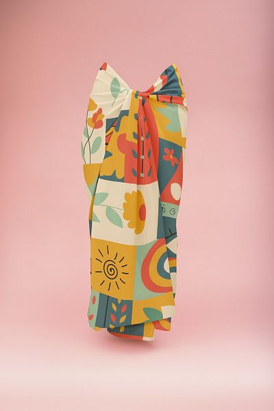 pistore Yellow Abstract Eye and Flower Pattern Long Pareo Satin Does Not Show Underwear Women's Beach Dress New Season