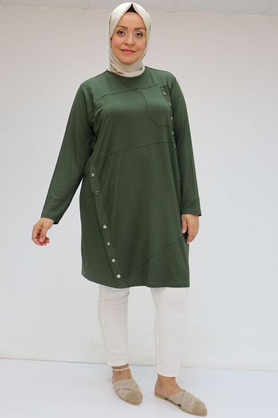 Eslina 58045 Large Size Combed Cotton Tunic with Fastening Button Detail - Khaki