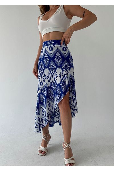 Corradeo Giyim High Waist Asymmetric Cut Ripped Flounced Midi Length Stretchy Knitted Fabric Skirt