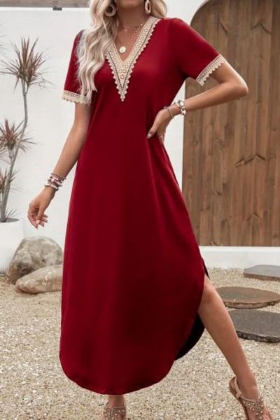 Mossta Short Sleeve Lace Detailed Long Viscose Dress - Burgundy