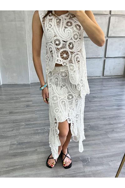 Coral Blouse Skirt Lace Suit Ecru