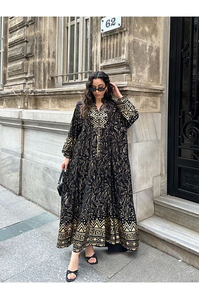 PİNK FLY Φόρεμα από 100% βισκόζη Bohemian Alaçatı Φόρεμα με λαιμόκοψη με έθνικ σχέδιο Φόρεμα βισκόζης Κατάλληλο για μουσουλμανικό
