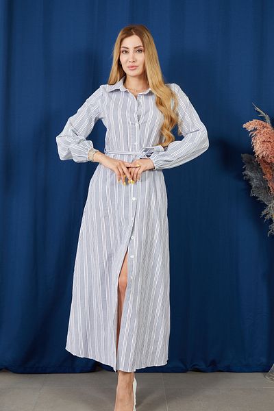 DPARİS Striped Shirt Collar Belted Dress