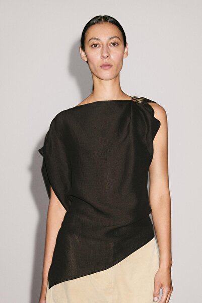 Massimo Dutti Broş detaylı keten karışımlı bluz