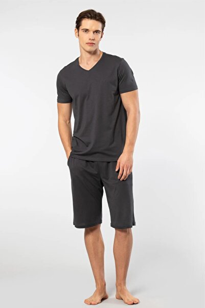 Cacharel V-Neck T-Shirt and Bermuda Shorts Set with Pockets, 50% Cotton 50% Modal