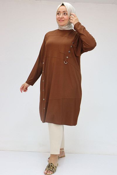 Eslina 58045 Large Size Combed Cotton Tunic with Fastening Button Detail - Brown