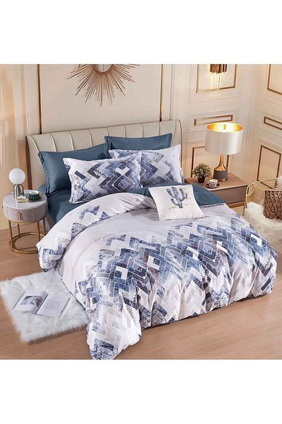trendyhome Bed Linen with Elastic, Fine Cotton, Double Bed, 6 Pieces, Geometric Shapes, Blue/White, J1488