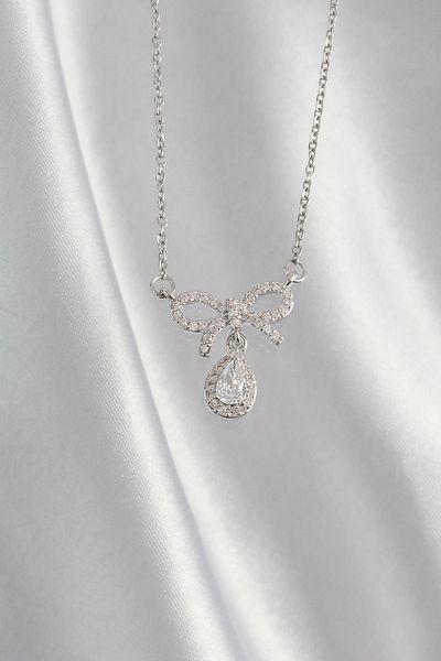 Skygo Drop Necklace - 316L Steel, Silver Color, Zircon Stone Bow Detail - TJ-BKO8922