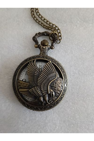 Butik Tülin Unisex Authentic Bronze Perforated Flying Eagle Shackle Pocket Watch Necklace 4.5X47Cm Made in Thailand