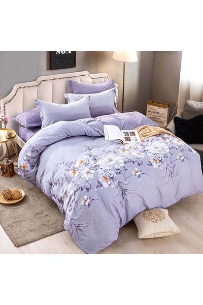 trendyhome Bed Linen with Elastic, Fine Cotton, Double Bed, 6 Pieces, Flowers, Lilac, J5640-ELASTIC