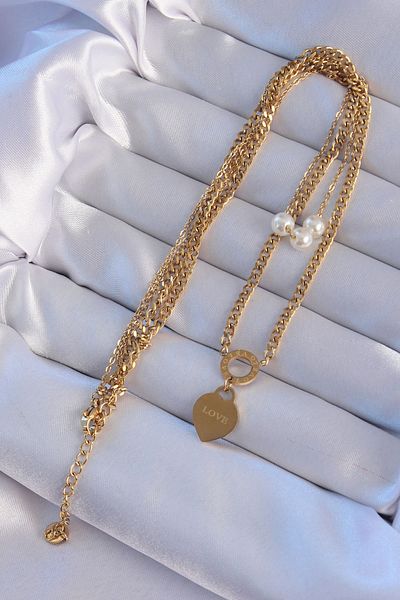 Skygo Gold Color Double Chain and Pearl Detail Love Heart Necklace - TJ-BKO8939