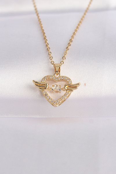 Skygo 316L Steel Zircon Stone Heart Necklace - Gold Color, Winged - TJ-BKO8628