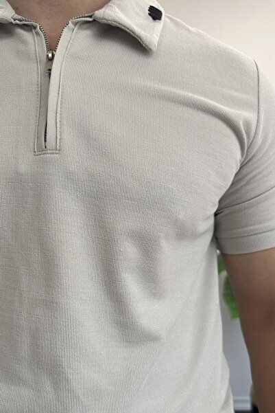 Edwox Men's Collar and Sleeve Embroidery Detailed Polo Neck Zippered T-Shirt Gray Edw392