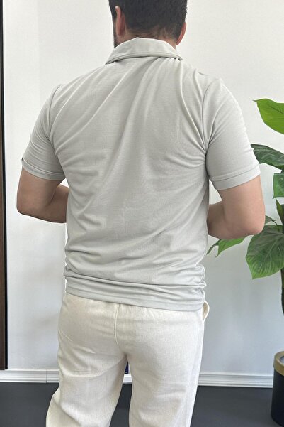 Edwox Men's Collar and Sleeve Embroidery Detailed Polo Neck Zippered T-Shirt Gray Edw392