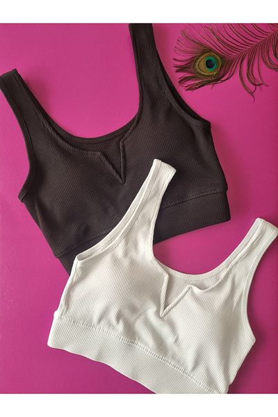 Demirsa Boutique Modelled, Ribbed 2 Pieces Black and White Color Removable and Attachable Padded Camisole Women's Bustier