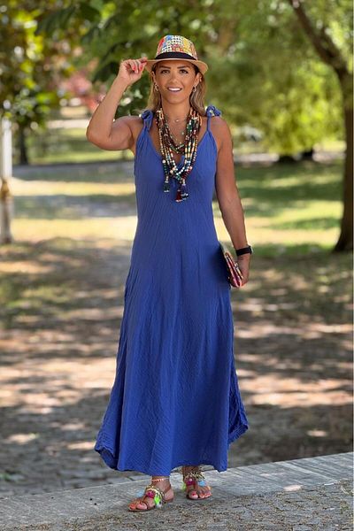 Nevin Kaya Moda Rochie din țesătură muselină cu bretele de culoare albastră 100% bumbac