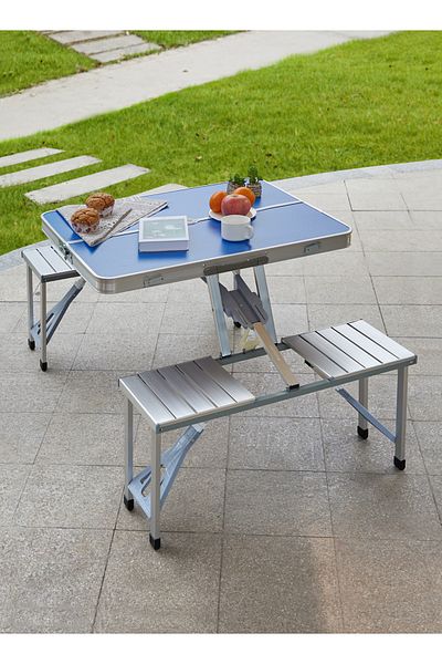 Lawazim Folding Picnic Table with 4 Attached Chairs – Portable Camping Set Parasol Hole Carry Handle