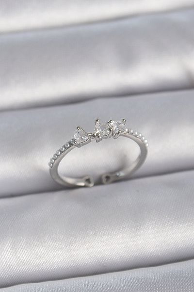 Skygo Brass Silver Color Zircon Stone Heart Pearl Detail Adjustable Model Women's Ring - Tj-Byk3363