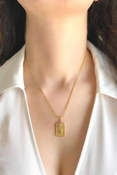 DEMOKAN Women's Steel Necklace Rectangle Plate Rope Chain Zircon Stone Eye Necklace