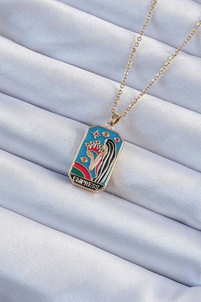 Skygo 316L Steel Chain Gold Color Colorful Enamel Tarot Necklace with Crown and Girl Figure - Tj-Bko9229