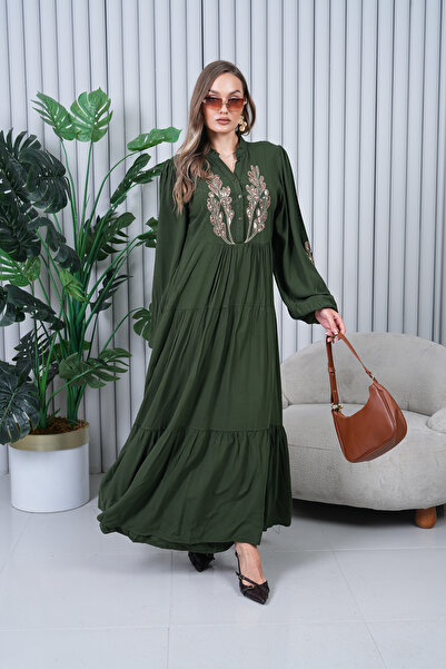 EL jadida Γυναικείο Κέντημα Κέντημα Μεγάλο Μέγεθος Χακί Φόρεμα Hijab