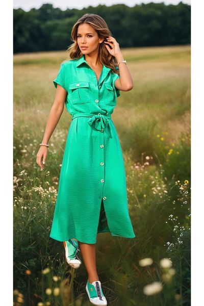 Pasaklı Giyim Women's Green Safari Pocket Belted Short Sleeve Button Casual Long Summer Shirt Dress 4045363