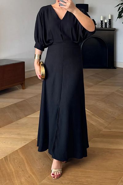 Neşeli Butik Black V-Neck Lycra Summer Dress Nbmy3579