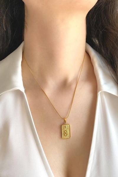 DEMOKAN Women's Steel Necklace Rectangle Plate Rope Chain Zircon Stone Eye Necklace