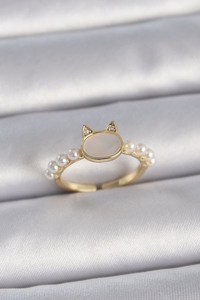 Skygo Brass Gold Color Adjustable White Enamel Cat Model Pearl Detail Women's Ring - Tj-Byk3386