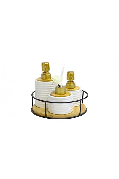 Çiftçiler Buenos Yuvarlak STANDLI Porselen Banyo Sıvı Sabunluk Seti 4 Parça ZT-007