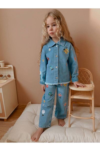 YİGİT BUTİK Yigit Boutique Floral Embroidered Denim Fabric Girl's Bottom Top Suit