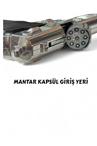 YILDIRIM OYUNCAK Gri Metal Revolver Silah 25 cm Mantar Kapsül Atan Tabanca Revolver 144 Adet Kapsül Hediyeli