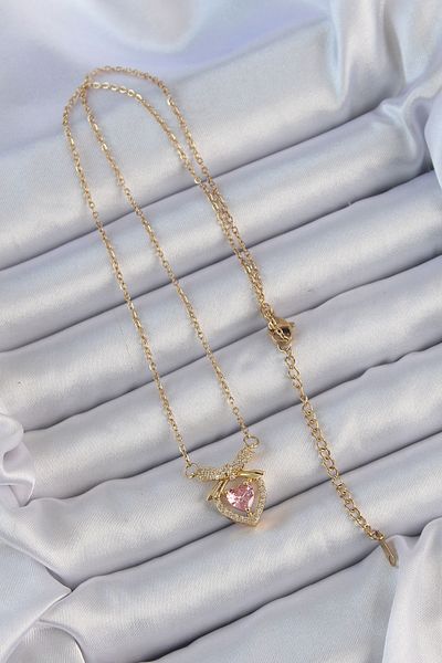 Skygo 316L Steel Chain Gold Color Pink Zircon Stone Heart Necklace with Bow - Tj-Bko9173