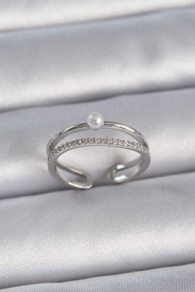 Skygo Brass Silver Women's Ring with Zirconia - Adjustable Pearl Detail Tj-Byk3371