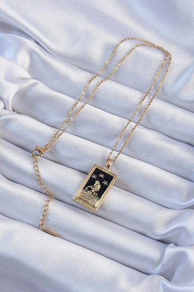 Skygo 316L Steel Chain Gold Color Zircon Stone Black Enamel Girl Figure Tarot Necklace - Tj-Bko9227