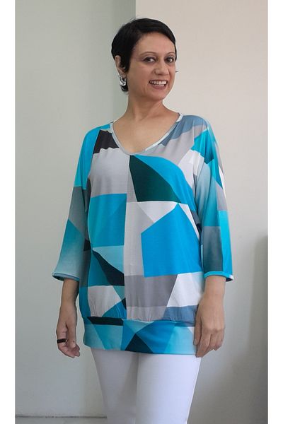 Mertcan Butik Albastru alb negru cu imprimeu decolteu în V cu mâneci liliac din bumbac pieptănat tricou din viscoză
