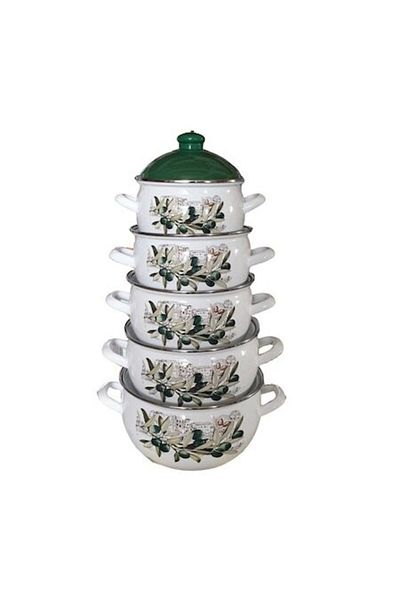 OEM 10-piece pot set, Savasan, White with pattern, Enamel