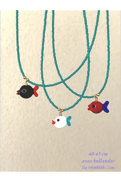 Quella Takı Lake Coating Turquoise Bead Fish Gold Necklaces