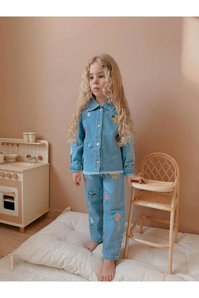 YİGİT BUTİK Yigit Boutique Floral Embroidered Denim Fabric Girl's Bottom Top Suit