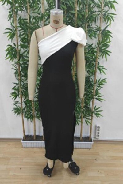 Mossta Double Color Slit Diver Midi Dress with Ribbon Detail - Black