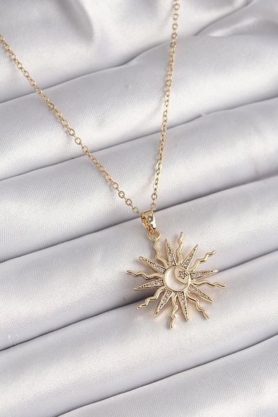 Skygo 316L Steel Gold Color Chain Colorful Zircon Stone Pearlescent Moon Embroidery Detail Women's Necklace - Tj-Bko9630