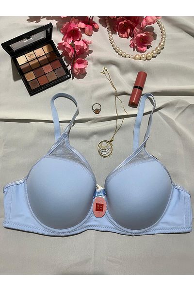 bunq Blue Tulle Detailed C Cup Underwire (Wire) Gathering Bra