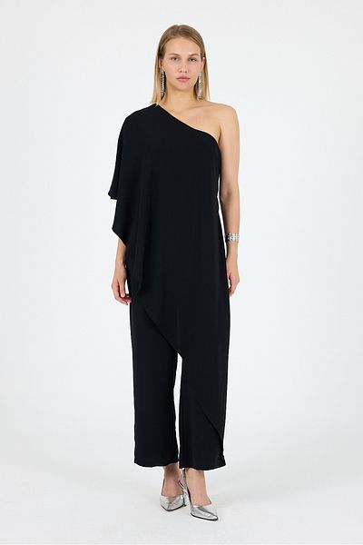 Laranor Black One Shoulder Flywheel Fragmented Medina Silk Jumpsuit Day Night Casual
