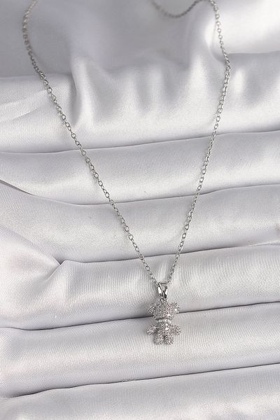 Skygo Silver Color 316L Steel Chain Necklace Zircon Stone Teddy Bear Figure