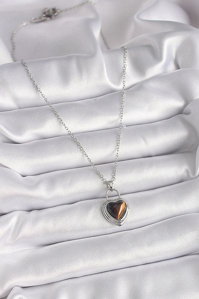 Skygo 316L Steel Silver - Heart Amber Bead Necklace with Chain Lock - Tj-Bko9495