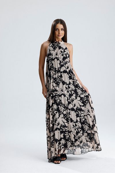 Sense Lined Pleated Long Evening Dress Patterned Chiffon Dress |   Elb35127Sf Black-Beige