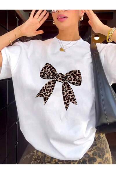 MOONBULL Kadın Leopar Kurdele Baskılı T-shirt