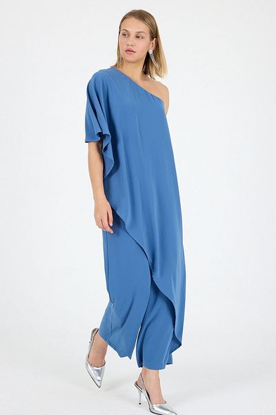 Laranor Blue One Shoulder Flywheel Fragmented Medina Silk Jumpsuit Day Night Elegance