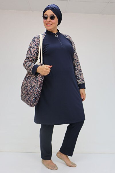 Eslina 1732 Plus Size Turtleneck Zipper Swimsuit - Ethnic Pattern Navy Blue